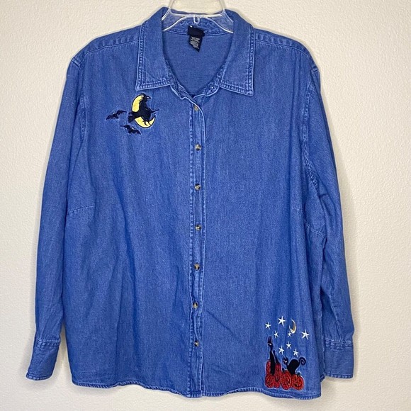 Holiday Editions Tops - Holiday Editions Halloween witch Embroidered Denim Jean Button Down Shirt 3X